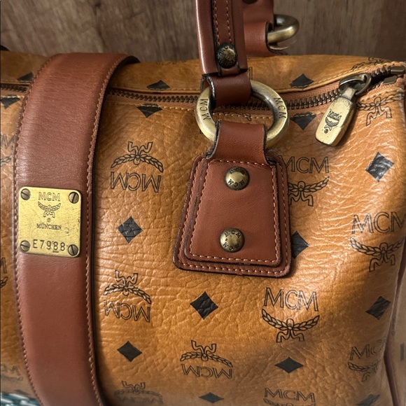 MCM Cognac Logo Double Pocket Satchel in Tan - Picture 6 of 13